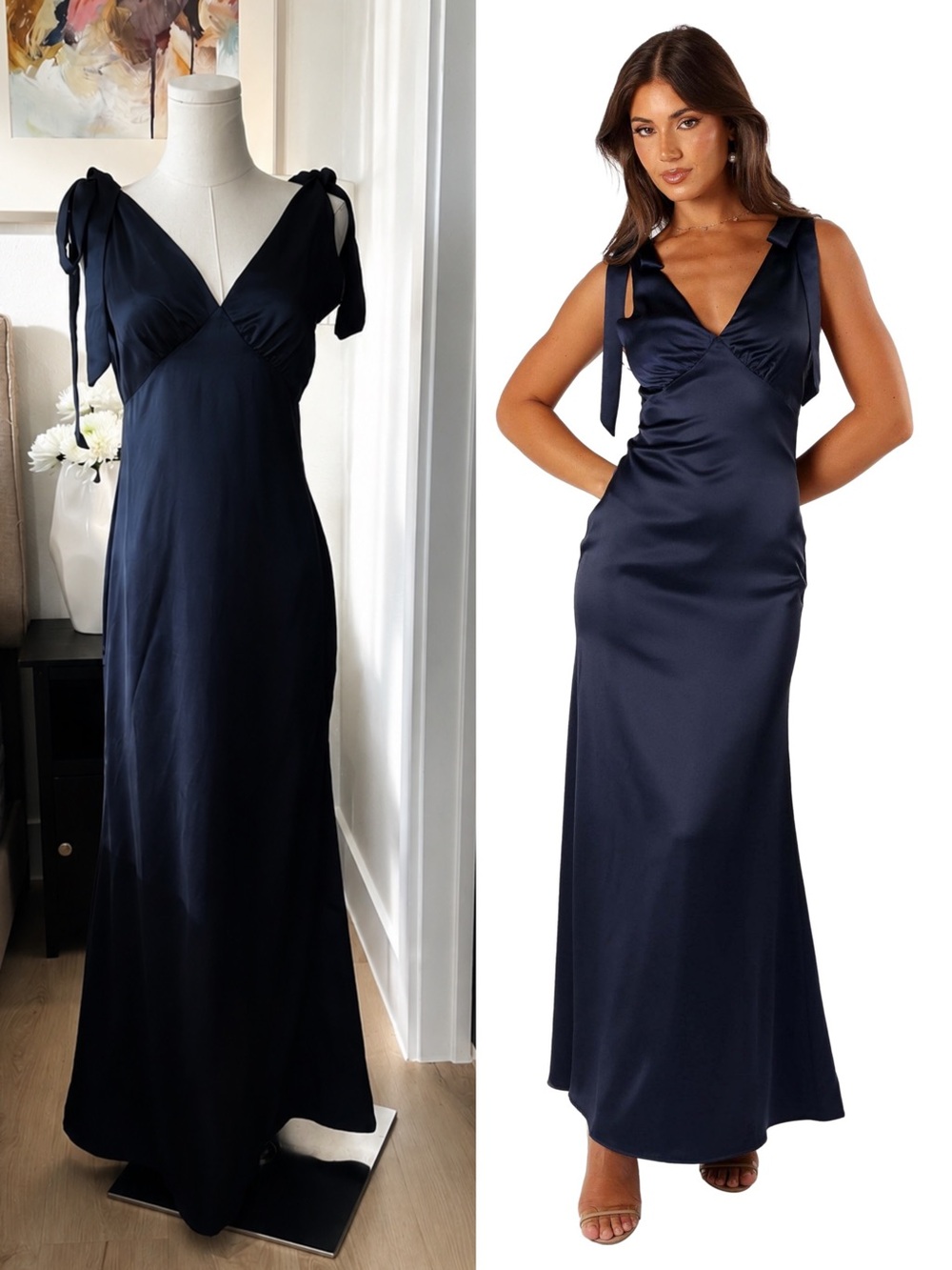 Petal & Pup Xavier Navy Satin Maxi Dress Bow Shoulder V Neck Formal Size S